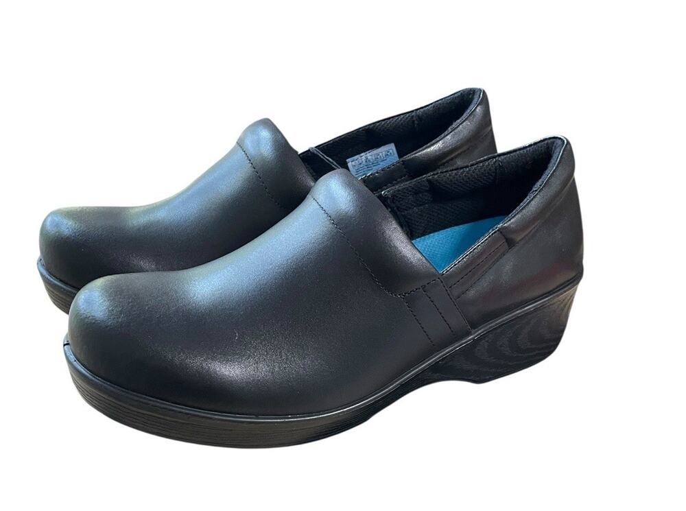 NIB DR SCHOLLS WORK DYNAMO Black Leather Clogs Slip Resistant Shoes Size 9.5